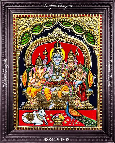 Authentic Tanjore painting of Shiva family Shiva Parivar gold foil traditional artwork